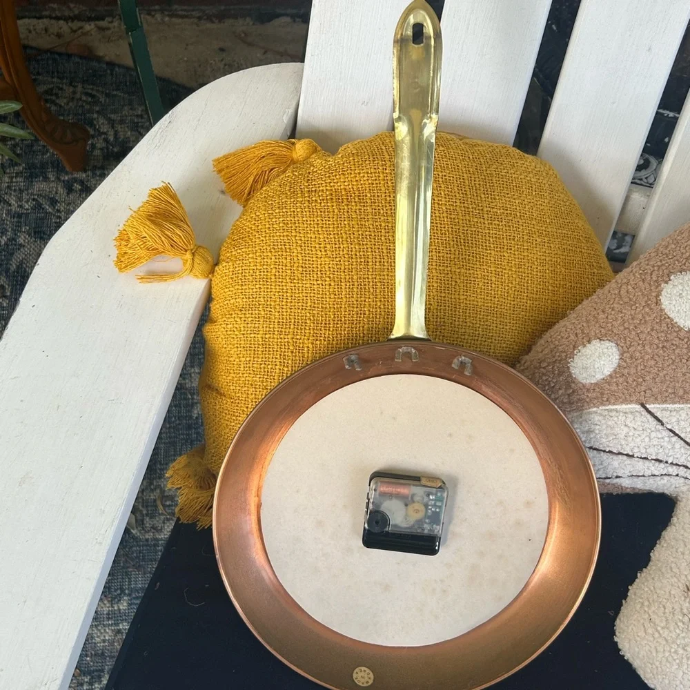 Vintage Copper Frying Pan Wall Clock with Brass Handle